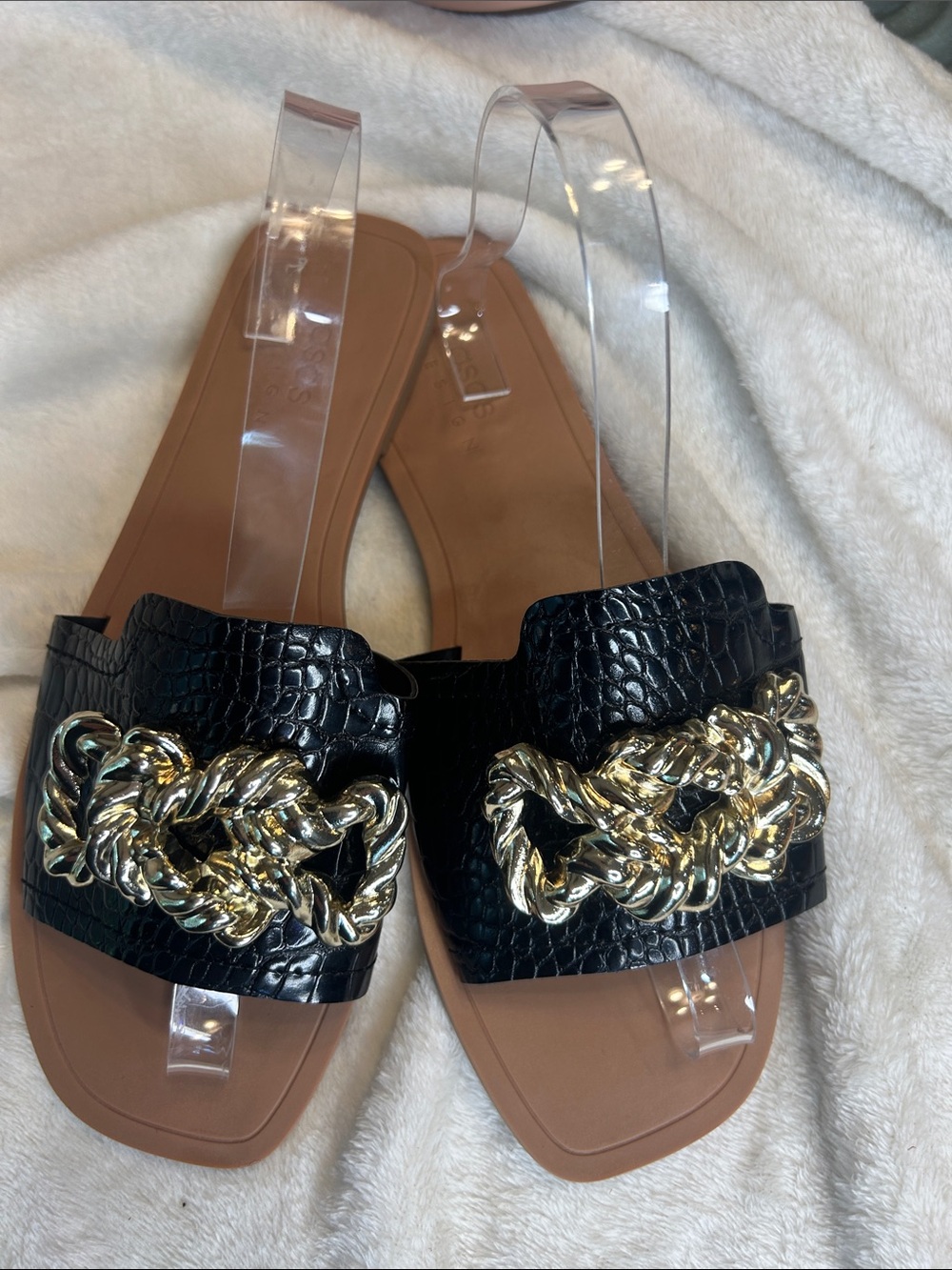 ASOS Black Croc-Embossed Slide Sandals with Gold Chain Detail